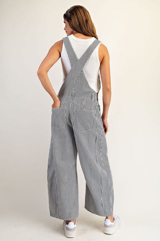 Striped Mineral Wash Barrel Leg Jumpsuit - Navy
