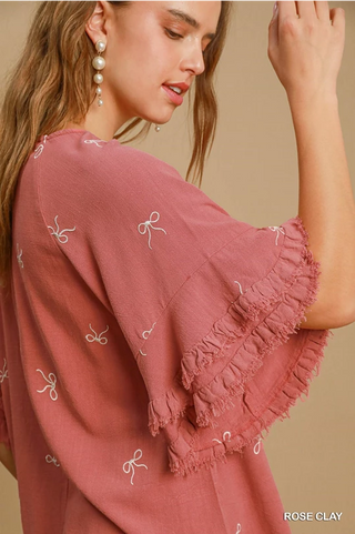 Ribbon Embroidered Flutter Sleeved Top - Rose Clay