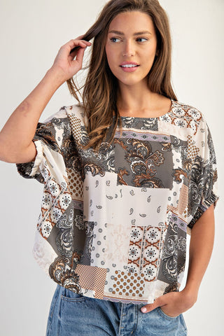 Misty Gray Patchwork Print Boxy Top