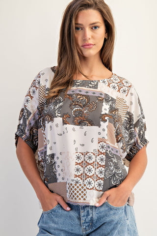 Misty Gray Patchwork Print Boxy Top