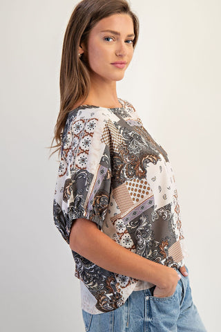 Misty Gray Patchwork Print Boxy Top