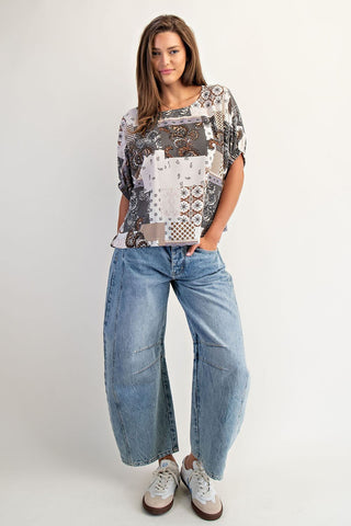 Misty Gray Patchwork Print Boxy Top