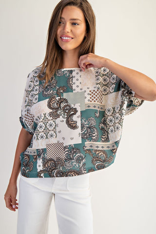 Baroque Print Boxy Top - Emerald Green