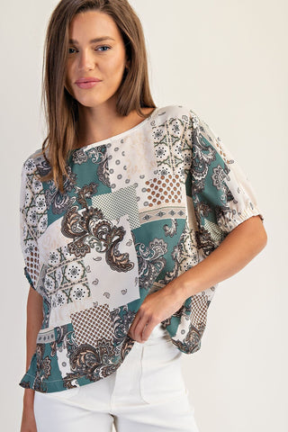 Baroque Print Boxy Top - Emerald Green