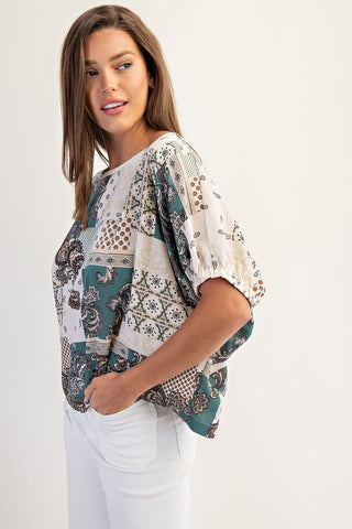 Baroque Print Boxy Top - Emerald Green