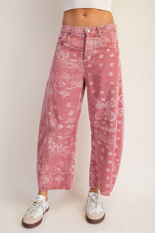 Mineral Wash Paisley Print Barrel Jeans - Dusty Rose