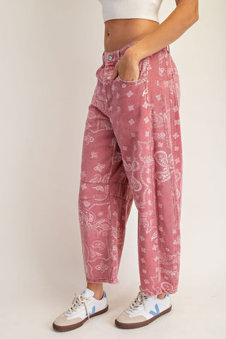 Mineral Wash Paisley Print Barrel Jeans - Dusty Rose