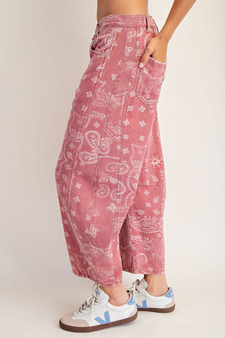 Mineral Wash Paisley Print Barrel Jeans - Dusty Rose