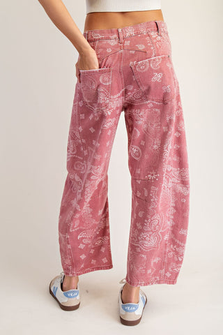Mineral Wash Paisley Print Barrel Jeans - Dusty Rose