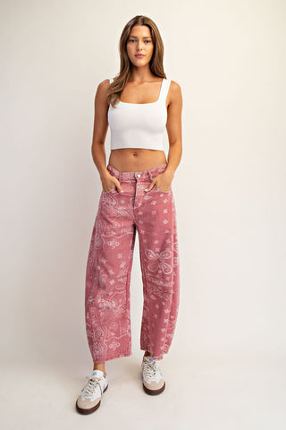 Mineral Wash Paisley Print Barrel Jeans - Dusty Rose