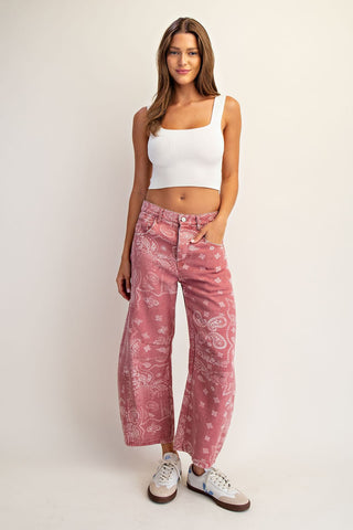 Mineral Wash Paisley Print Barrel Jeans - Dusty Rose