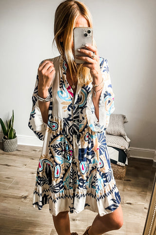 White Printed Bracelet Sleeve Buttoned Mini Dress.