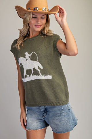 Western Graphic Cap Sleeve Sweater - Dry Herb
