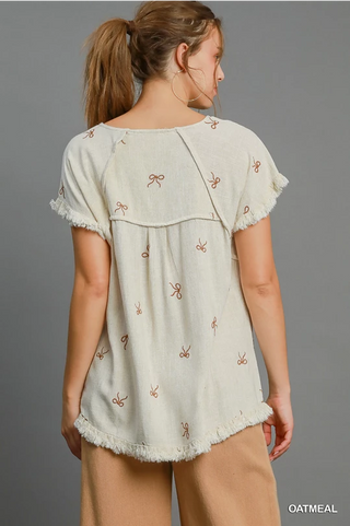 Linen Blend Ribbon Embroidered Top - Oatmeal