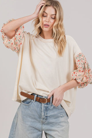 Cream and Floral Bubble Sleeve Top