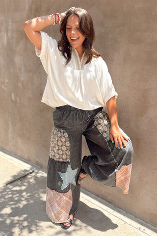 Black Denim Patchwork Palazzo Pants