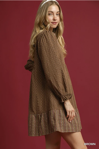 Polka Dot Plaid Trim Babydoll Dress - Brown