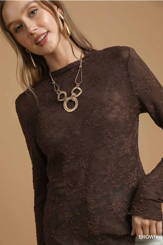 Lace Sheer Long Sleeve Top - Brown