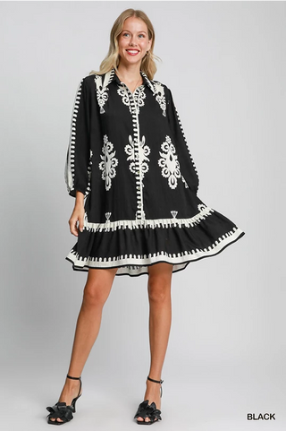 Border Print Tiered Hem Dress - Black