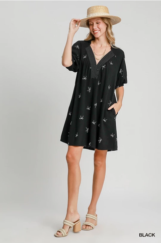 Linen Blend Embroidered Henley Dress - Black