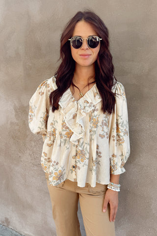 Ecru Pleated Bodice Floral Top