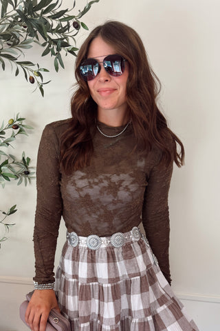 Lace Sheer Long Sleeve Top - Brown
