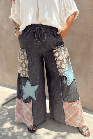 Black Denim Patchwork Palazzo Pants