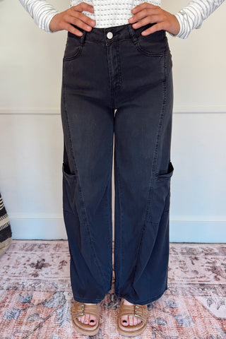 Washed Denim Straight Pants - Black