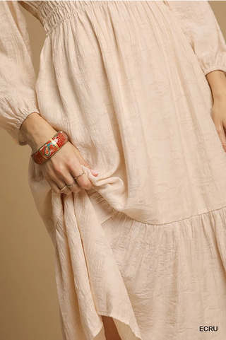 Jacquard Midi Dress with Smocked Waist - Ecru