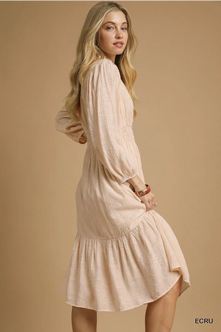 Jacquard Midi Dress with Smocked Waist - Ecru