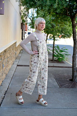 Cream Floral Washed Twill Overalls