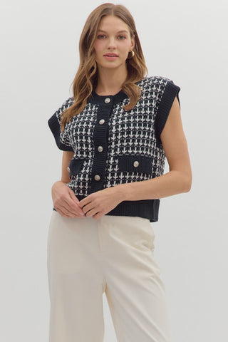 Checkered Knit Vest with Buttons - Navy