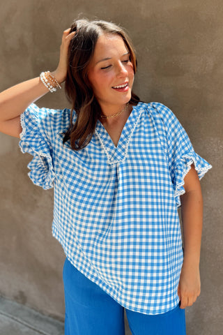Blue Gingham Ruffle Top