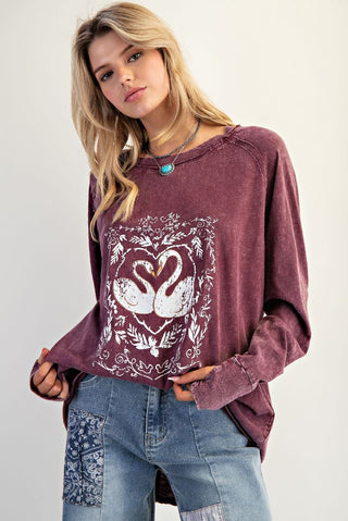 Swan Graphic Front Mineral Washed Cotton Slub Knit Top