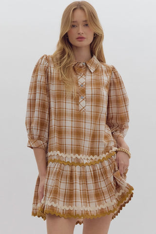 Tiered Mini Plaid Ricrac Detail Dress