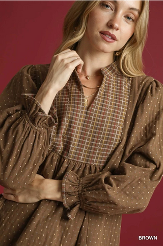 Polka Dot Plaid Trim Babydoll Dress - Brown
