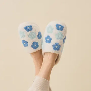 Blue Flower Fuzzy Slippers