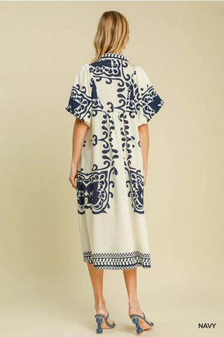 Abstract Border Print Midi Dress - Navy