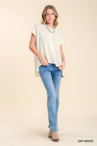Waffle Knit Boatneck Batwing High Low Tee - Off White