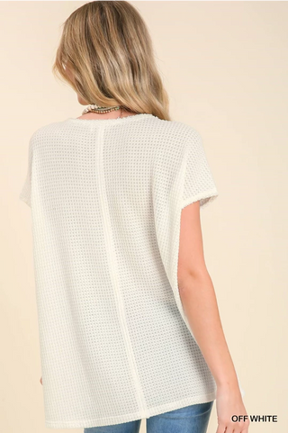 Waffle Knit Boatneck Batwing High Low Tee - Off White