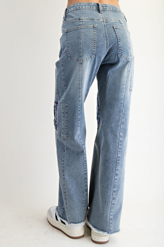 Patchwork Detailing Stretch Washed Denim Pants