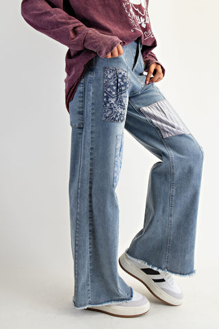 Patchwork Detailing Stretch Washed Denim Pants