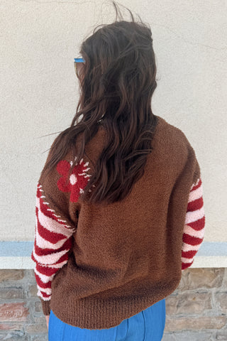 Person wearing a brown vest with red and white sleeves against a stone wall.