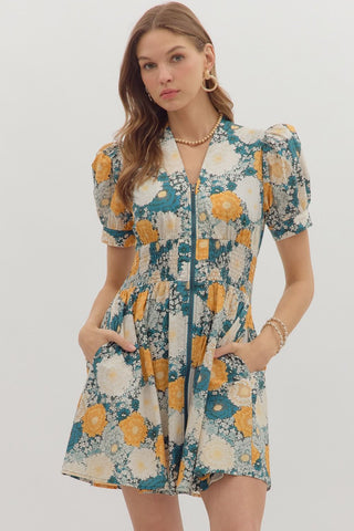 Floral V-Neck Mini Dress - Teal Combo