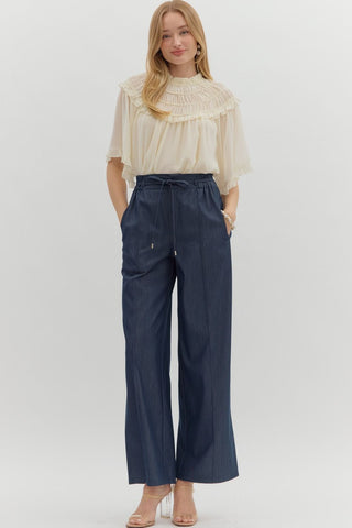 High-Waist Pintuck Pants - Dark Denim