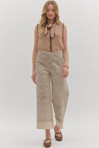 Leopard High-Waist Wide Leg Pants - Ecru