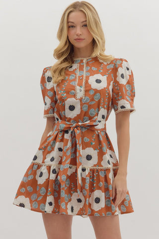 Floral Print Mini Dress - Terra Cotta