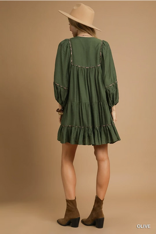 Tiered Long Sleeve Mini Dress - Olive