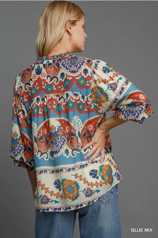 Split Neck Print Top - Blue Mix