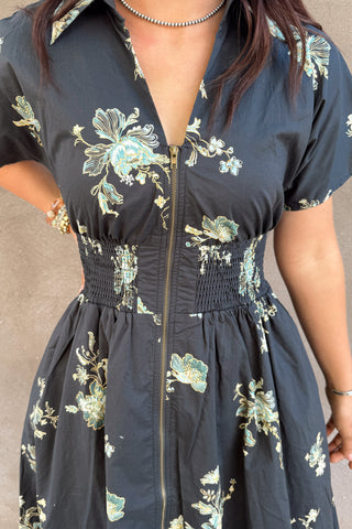 Black Floral Smocked Waist Midi Dress